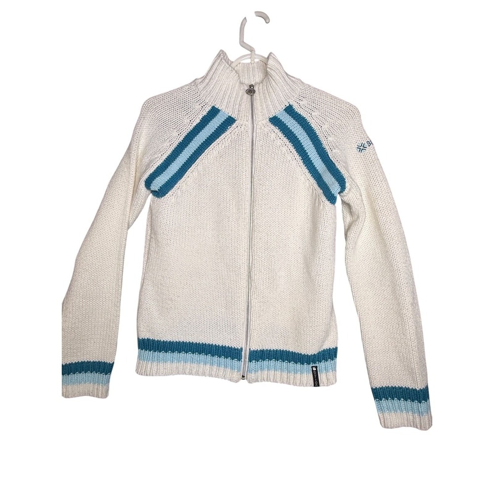 Burton Womens Full Zip Knit Sweater White Blue Striped Mock Neck Small